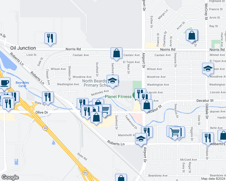 map of restaurants, bars, coffee shops, grocery stores, and more near 900 Sanford Drive in Bakersfield