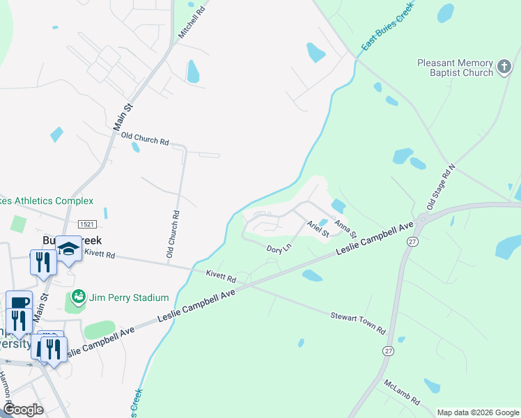 map of restaurants, bars, coffee shops, grocery stores, and more near 396 Anna Street in Lillington