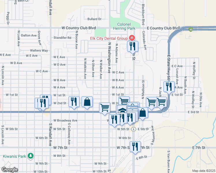 map of restaurants, bars, coffee shops, grocery stores, and more near 512 North Washington Avenue in Elk City