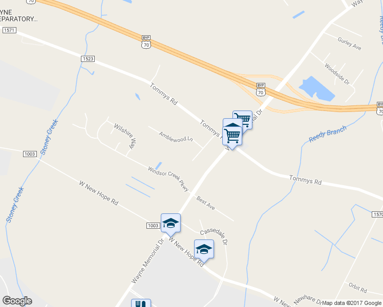 map of restaurants, bars, coffee shops, grocery stores, and more near 205 Shadywood Drive in Goldsboro
