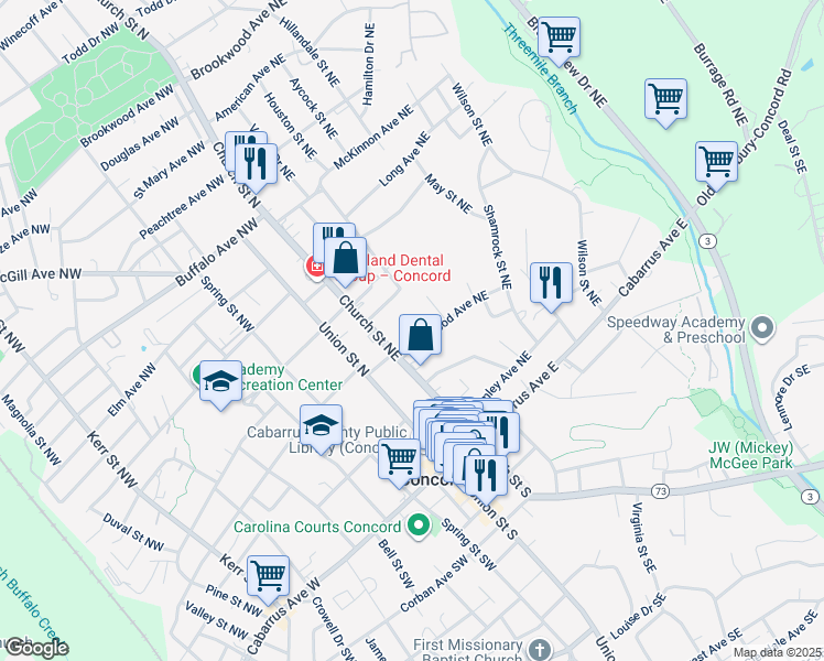 map of restaurants, bars, coffee shops, grocery stores, and more near 4 Edgewood Circle Northeast in Concord
