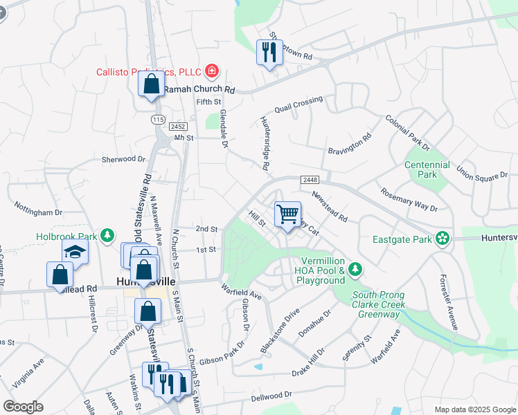 map of restaurants, bars, coffee shops, grocery stores, and more near 12207 Loftywood Court in Huntersville