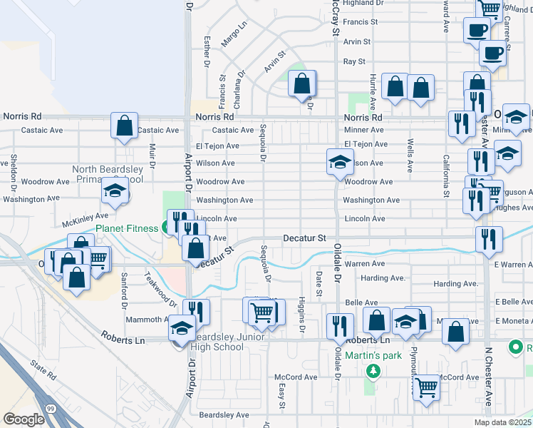 map of restaurants, bars, coffee shops, grocery stores, and more near 618 Lincoln Avenue in Bakersfield