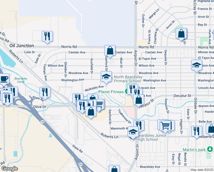 map of restaurants, bars, coffee shops, grocery stores, and more near 905 Sanford Drive in Bakersfield