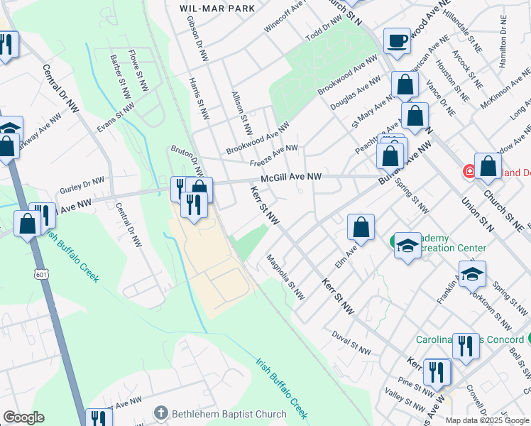 map of restaurants, bars, coffee shops, grocery stores, and more near 405 Kerr Street Northwest in Concord