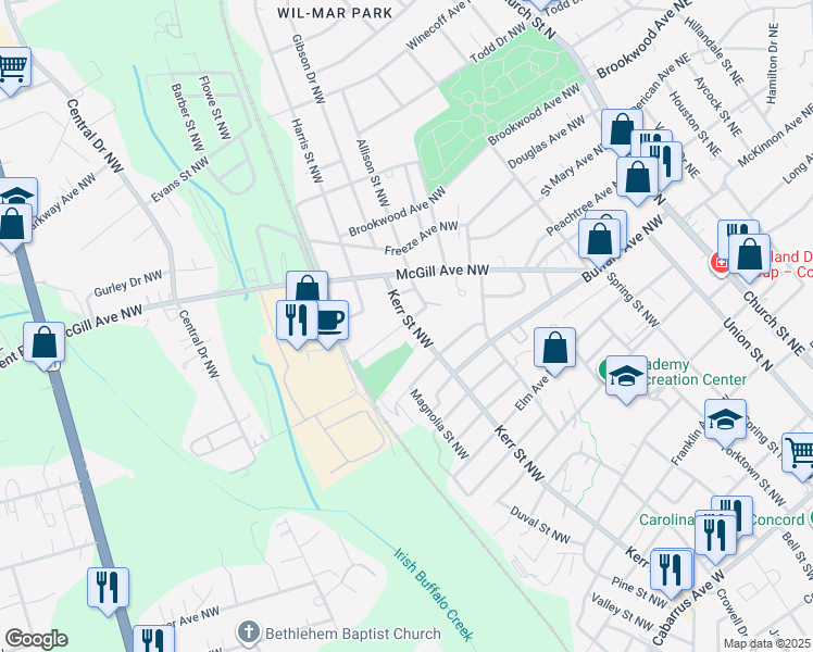 map of restaurants, bars, coffee shops, grocery stores, and more near 405 Kerr Street Northwest in Concord
