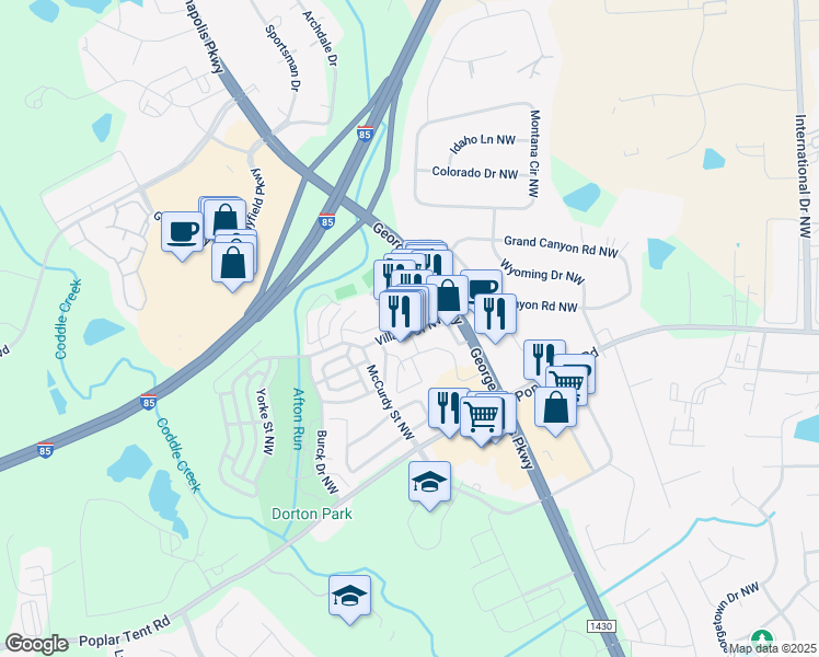 map of restaurants, bars, coffee shops, grocery stores, and more near 355 John Galt Way Northwest in Concord