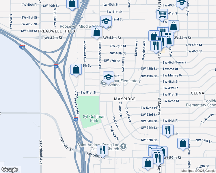 map of restaurants, bars, coffee shops, grocery stores, and more near 5100 South Independence Avenue in Oklahoma City