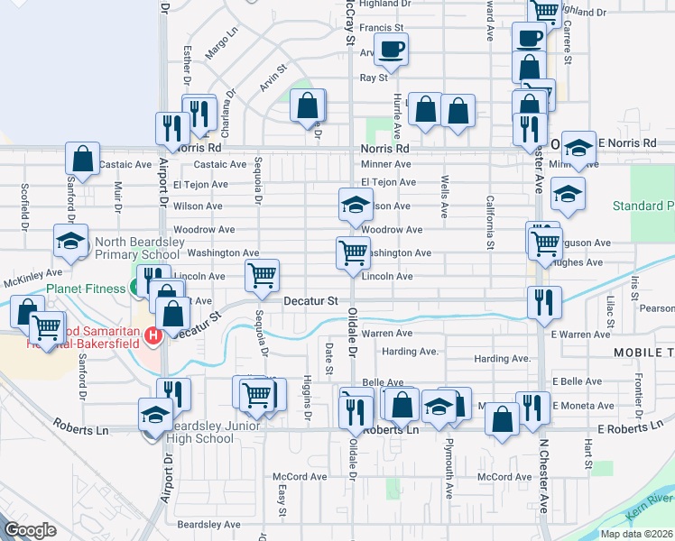 map of restaurants, bars, coffee shops, grocery stores, and more near 508 Lincoln Avenue in Bakersfield