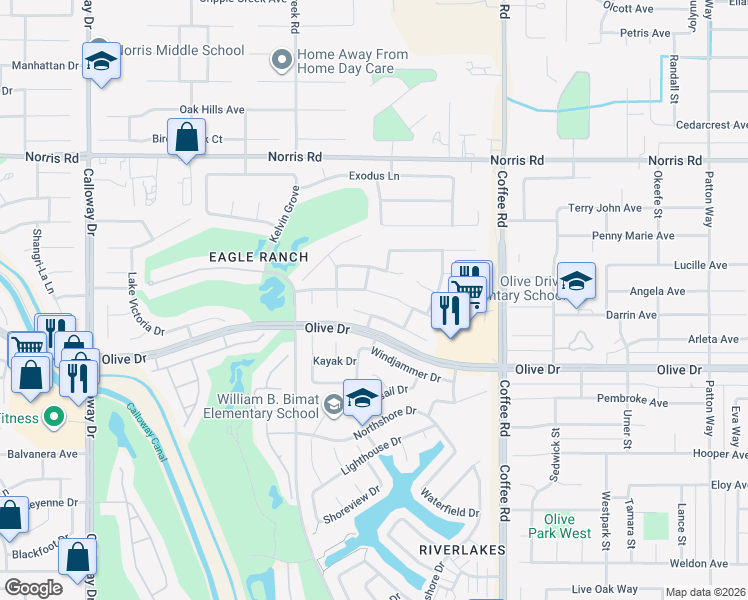 map of restaurants, bars, coffee shops, grocery stores, and more near 8523 Spanish Bay Drive in Bakersfield