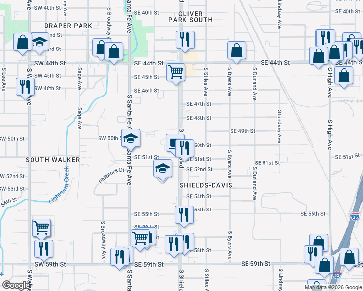 map of restaurants, bars, coffee shops, grocery stores, and more near S Shields Blvd & SE 50th St in Oklahoma City