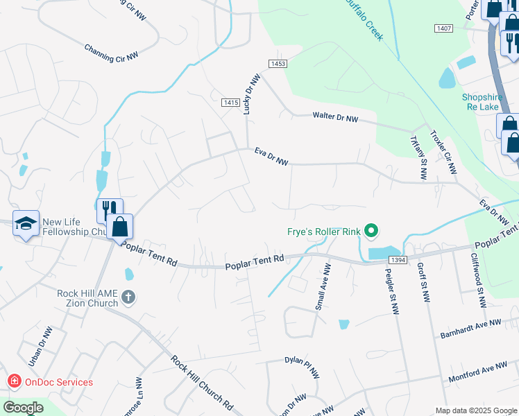 map of restaurants, bars, coffee shops, grocery stores, and more near 621 Beavers Cove Lane Northwest in Concord