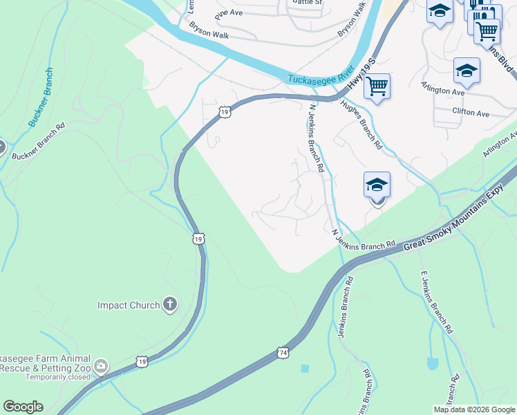 map of restaurants, bars, coffee shops, grocery stores, and more near 280 Town Mountain Road in Bryson City