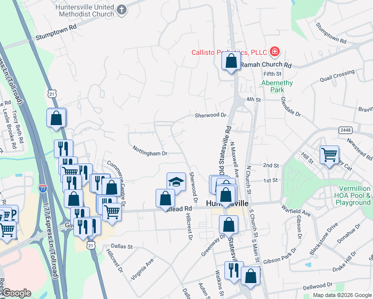 map of restaurants, bars, coffee shops, grocery stores, and more near 104 Sherwood Drive in Huntersville