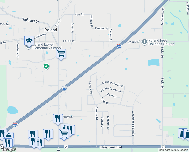 map of restaurants, bars, coffee shops, grocery stores, and more near 613 Loop West in Roland