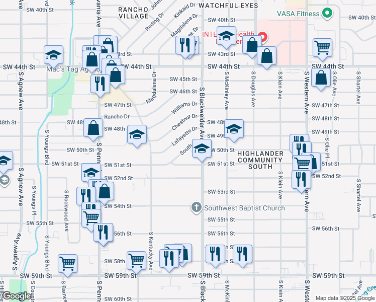 map of restaurants, bars, coffee shops, grocery stores, and more near 1334 South Drive in Oklahoma City