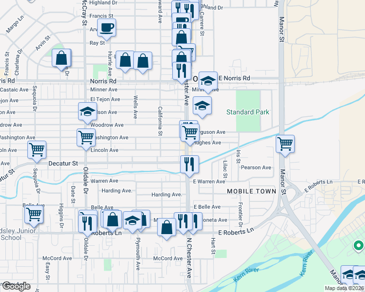 map of restaurants, bars, coffee shops, grocery stores, and more near 907 North Chester Avenue in Bakersfield