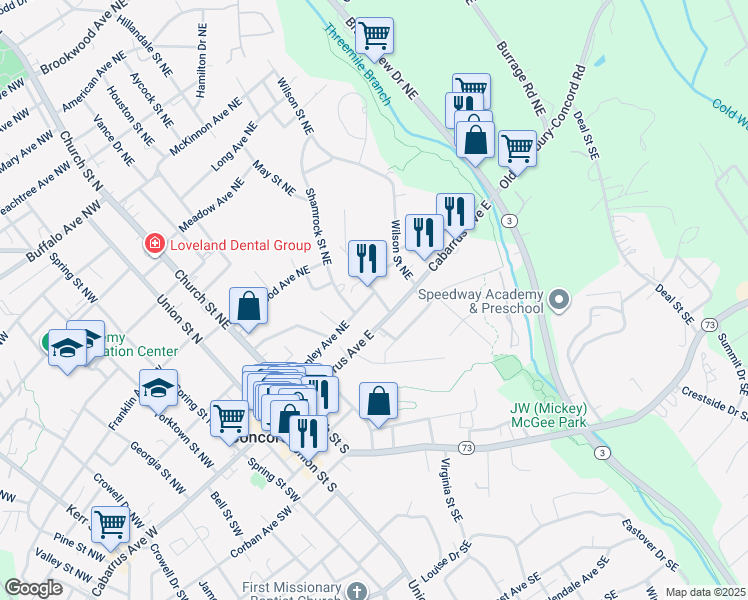 map of restaurants, bars, coffee shops, grocery stores, and more near 15 Reed St NE in Concord
