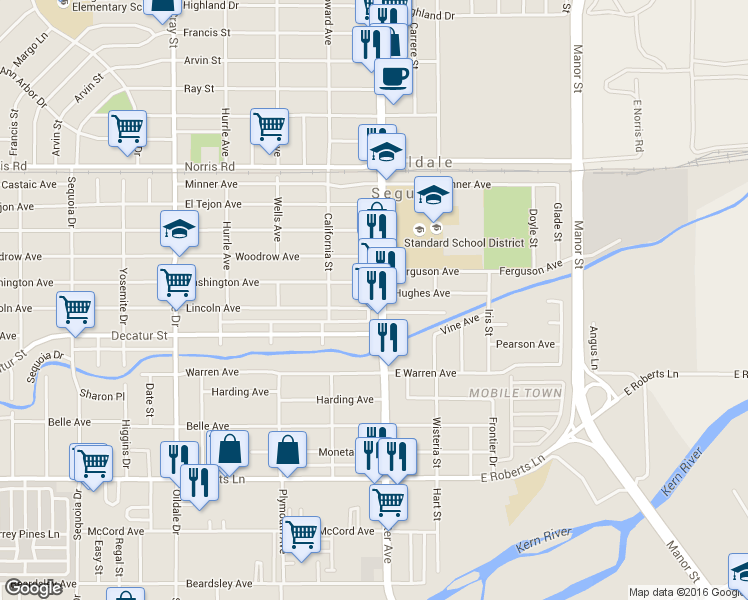 map of restaurants, bars, coffee shops, grocery stores, and more near 907 N Chester Ave in Bakersfield