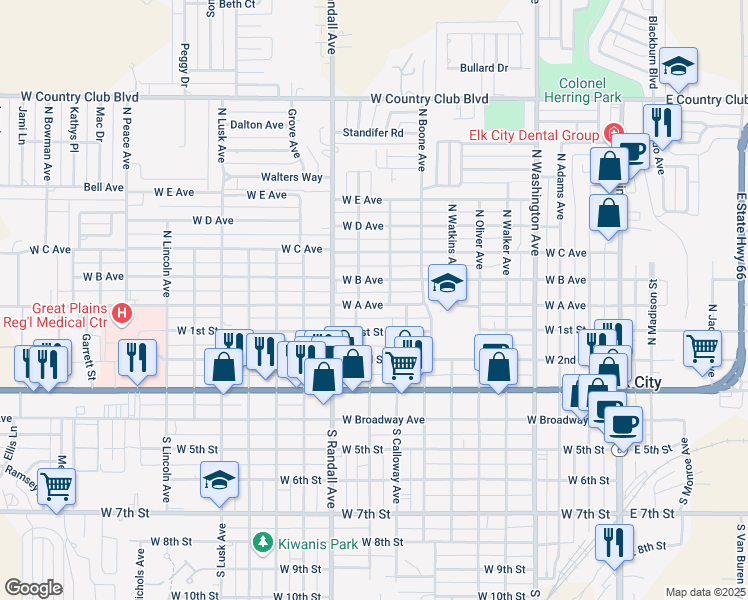 map of restaurants, bars, coffee shops, grocery stores, and more near 919 West A Avenue in Elk City