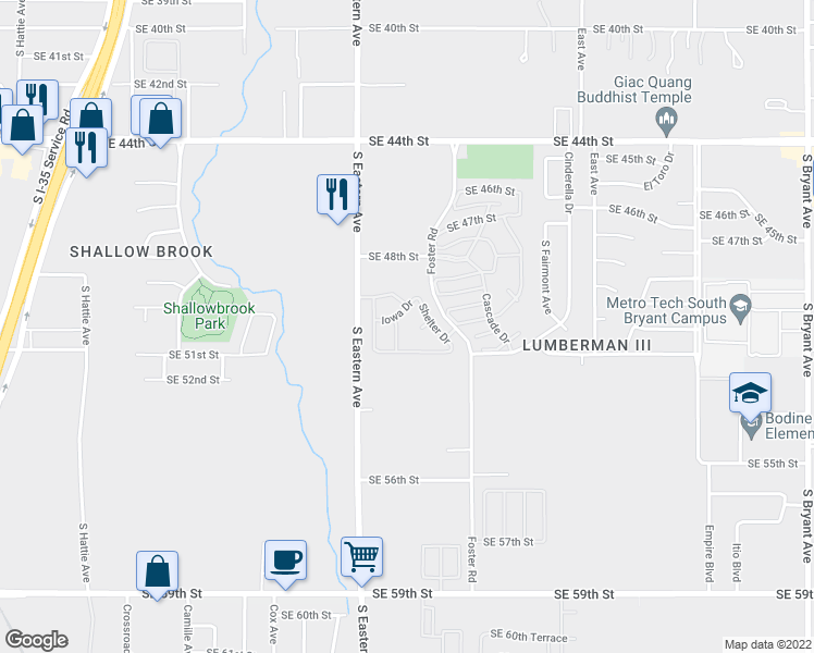 map of restaurants, bars, coffee shops, grocery stores, and more near 5004 South Eastern Avenue in Oklahoma City