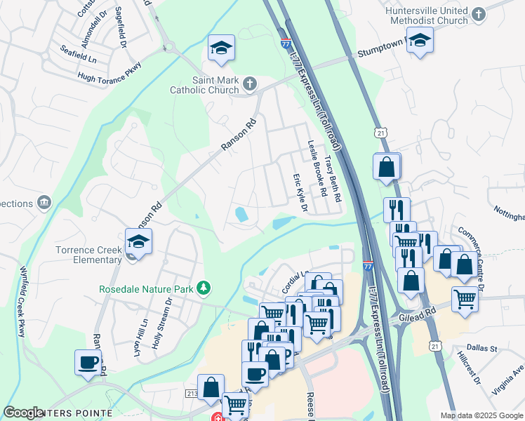 map of restaurants, bars, coffee shops, grocery stores, and more near 13634 Huntson Reserve Road in Huntersville