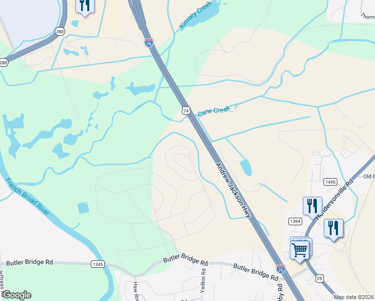 map of restaurants, bars, coffee shops, grocery stores, and more near Interstate 26 in Fletcher
