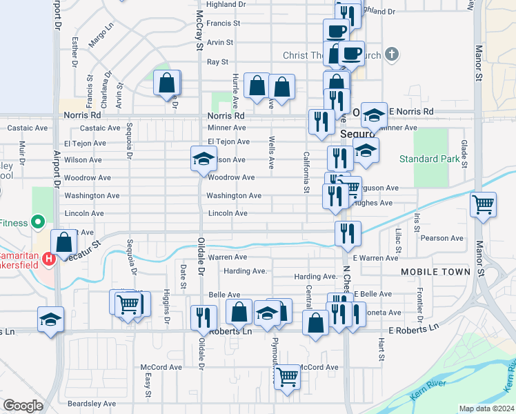 map of restaurants, bars, coffee shops, grocery stores, and more near 312 Lincoln Avenue in Bakersfield