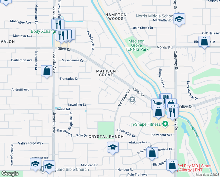 map of restaurants, bars, coffee shops, grocery stores, and more near 10509 Brandywine Falls Avenue in Bakersfield
