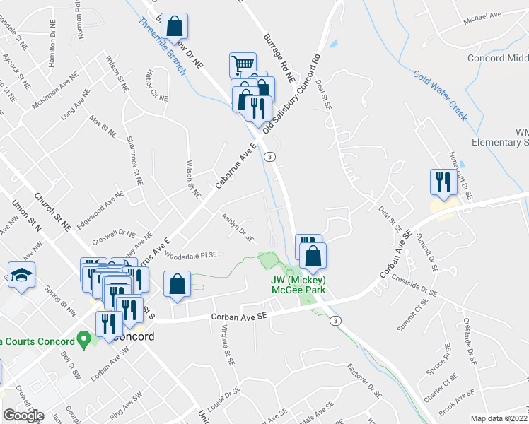 map of restaurants, bars, coffee shops, grocery stores, and more near 322 Valley Brook Lane Southeast in Concord