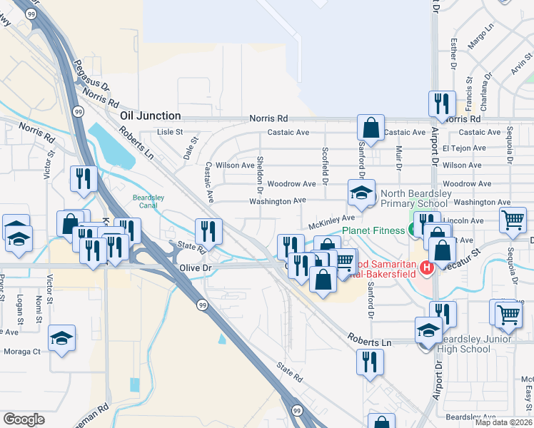 map of restaurants, bars, coffee shops, grocery stores, and more near 1238 Arthur Avenue in Bakersfield