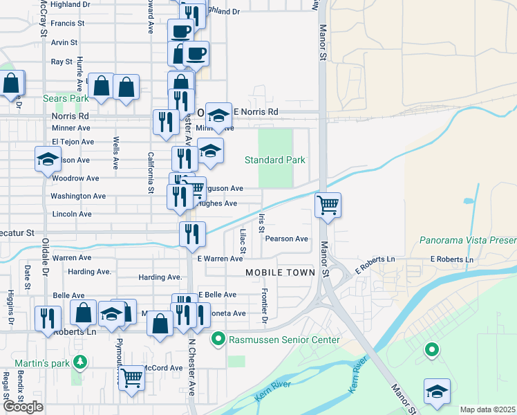 map of restaurants, bars, coffee shops, grocery stores, and more near 213 Hughes Avenue in Bakersfield