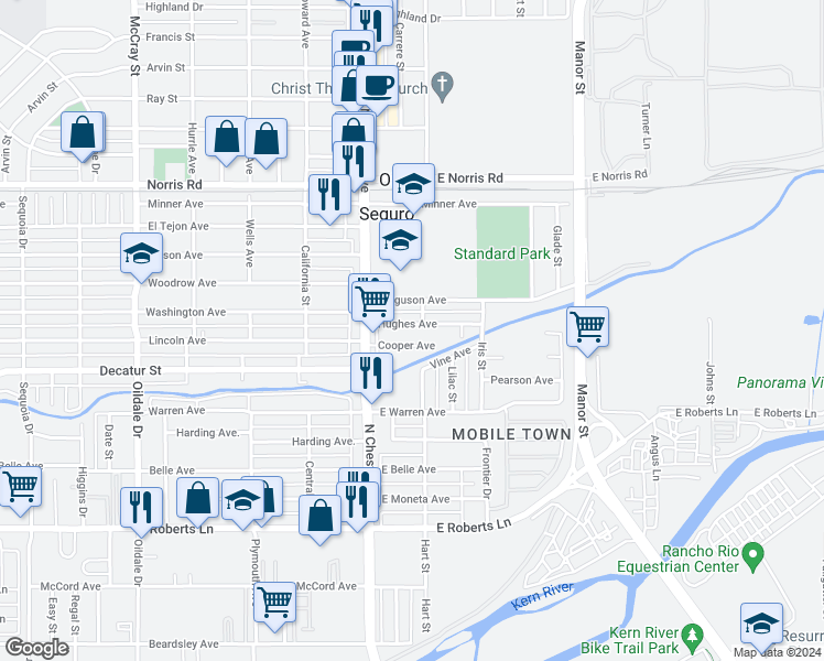 map of restaurants, bars, coffee shops, grocery stores, and more near 123 Hughes Avenue in Bakersfield