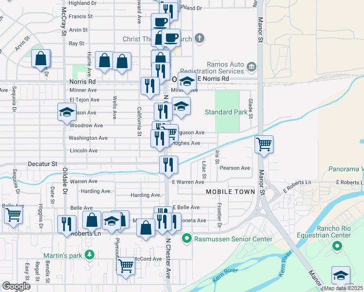 map of restaurants, bars, coffee shops, grocery stores, and more near 123 Hughes Avenue in Bakersfield