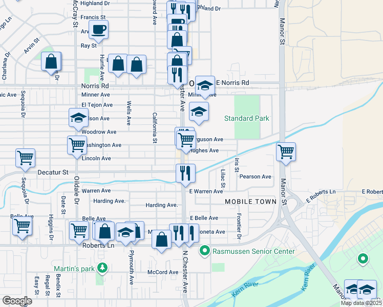 map of restaurants, bars, coffee shops, grocery stores, and more near 105 Hughes Avenue in Bakersfield