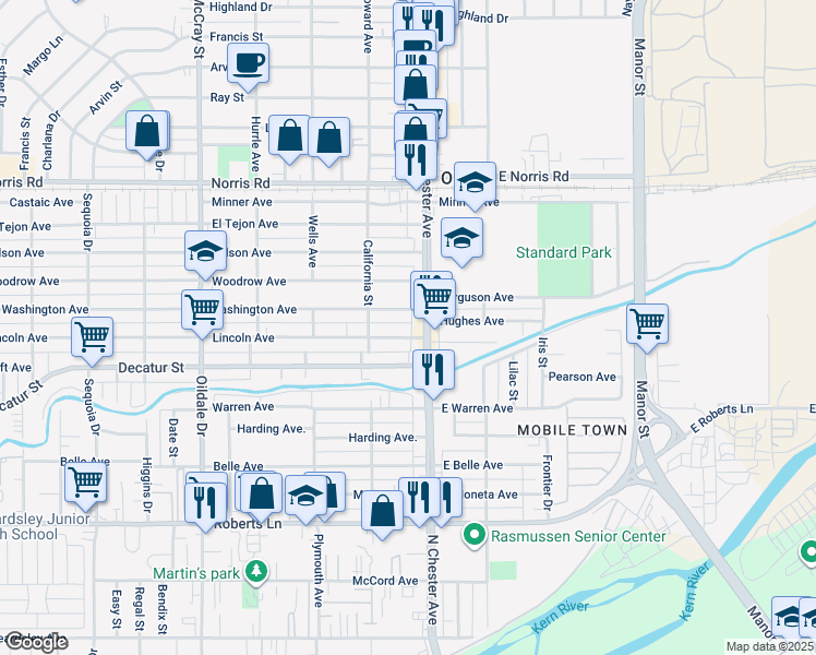 map of restaurants, bars, coffee shops, grocery stores, and more near 107 Washington Avenue in Bakersfield