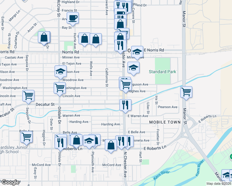 map of restaurants, bars, coffee shops, grocery stores, and more near 107 Washington Avenue in Bakersfield