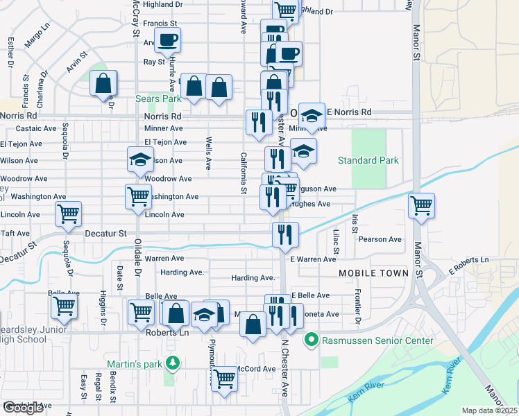 map of restaurants, bars, coffee shops, grocery stores, and more near 107 Washington Avenue in Bakersfield