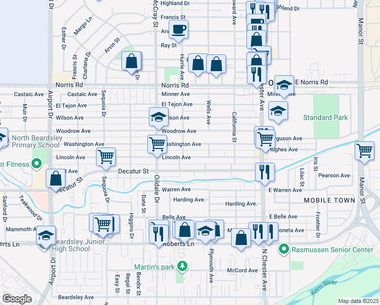 map of restaurants, bars, coffee shops, grocery stores, and more near 312 Lincoln Avenue in Bakersfield