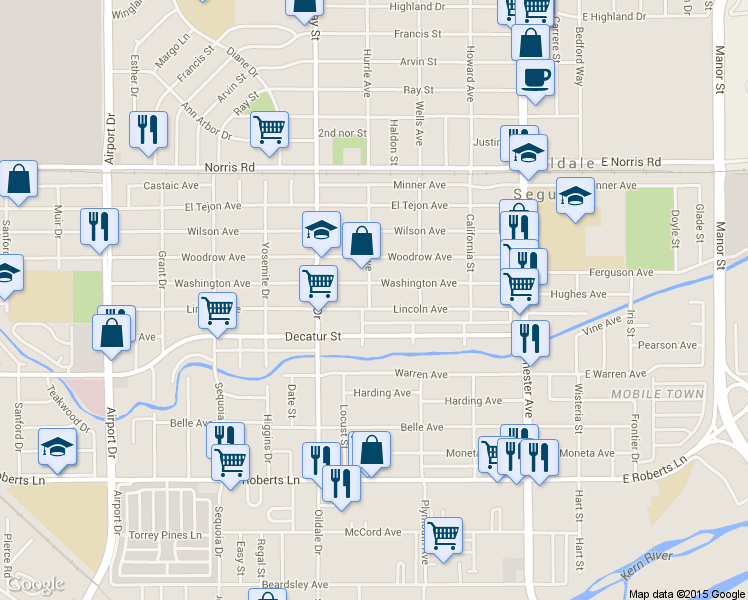 map of restaurants, bars, coffee shops, grocery stores, and more near 905 Hurrle Avenue in Bakersfield
