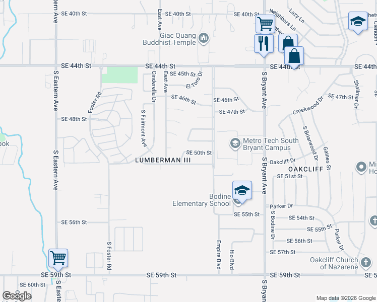 map of restaurants, bars, coffee shops, grocery stores, and more near 2613 Southeast 50th Street in Oklahoma City