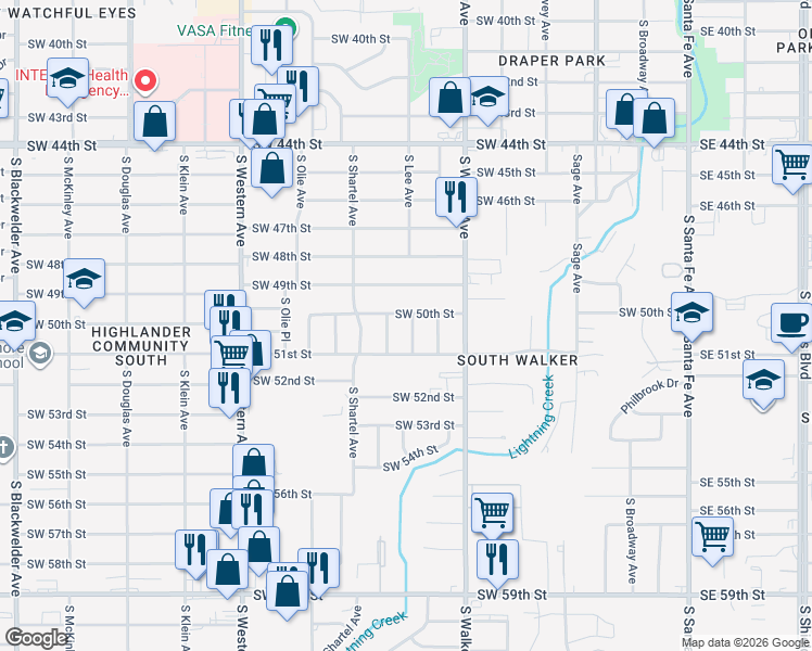 map of restaurants, bars, coffee shops, grocery stores, and more near 612 Southwest 50th Street in Oklahoma City