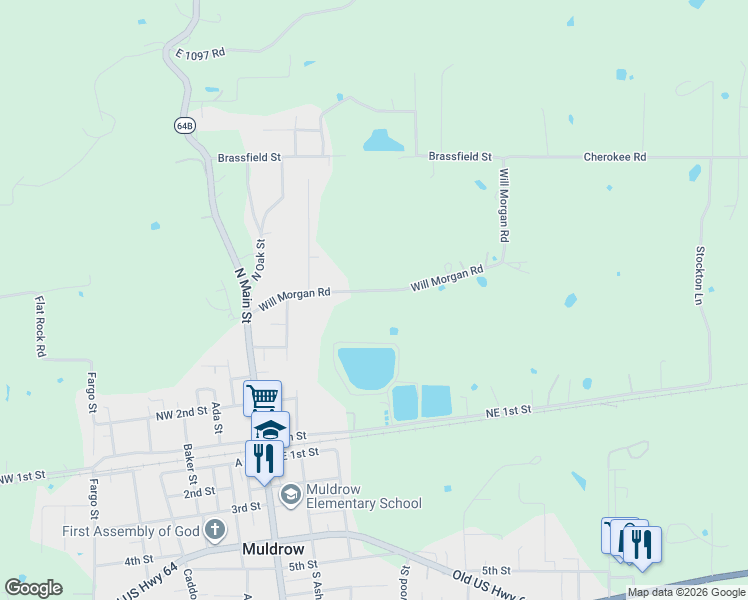 map of restaurants, bars, coffee shops, grocery stores, and more near 400 Will Morgan Road in Muldrow