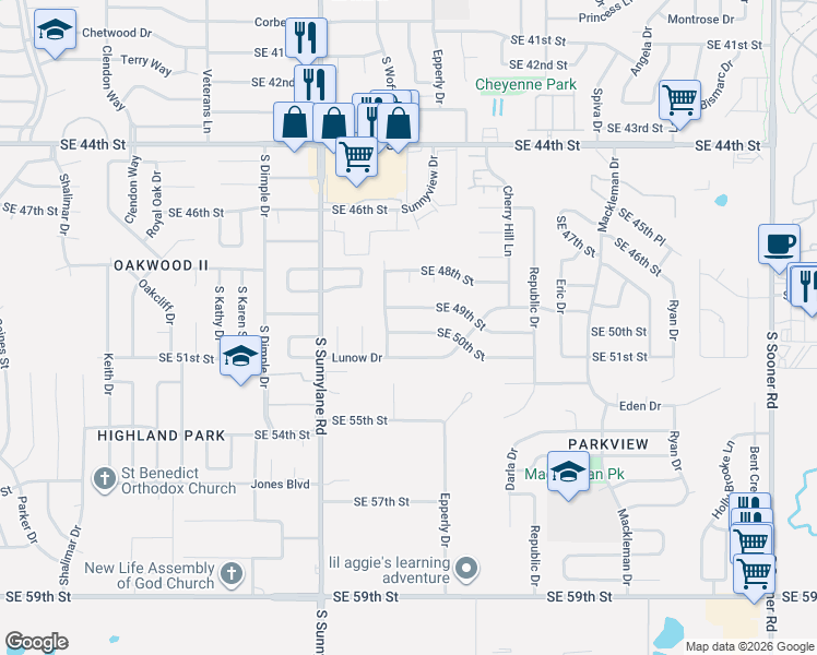 map of restaurants, bars, coffee shops, grocery stores, and more near 4513 Southeast 50th Street in Oklahoma City