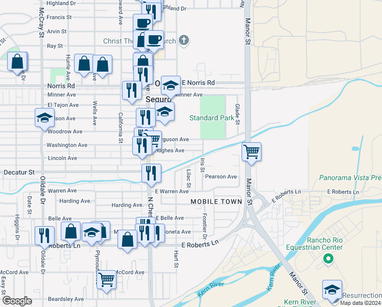 map of restaurants, bars, coffee shops, grocery stores, and more near 213 Hughes Avenue in Bakersfield