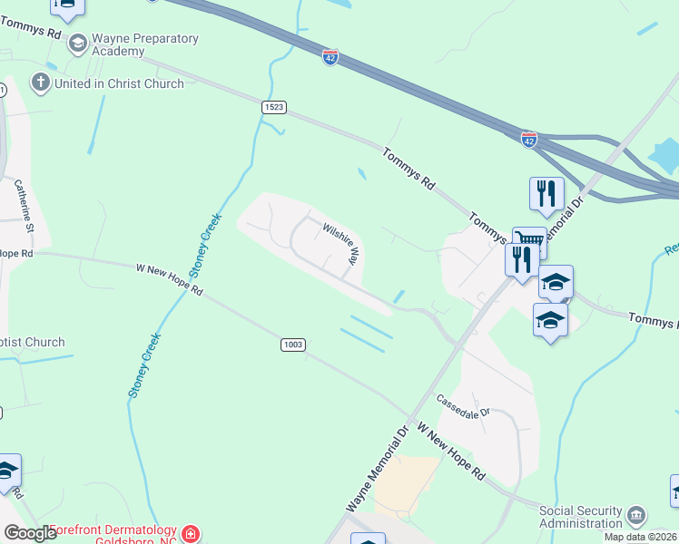 map of restaurants, bars, coffee shops, grocery stores, and more near 301 Windsor Creek Parkway in Goldsboro