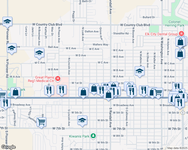 map of restaurants, bars, coffee shops, grocery stores, and more near 1315 West A Avenue in Elk City