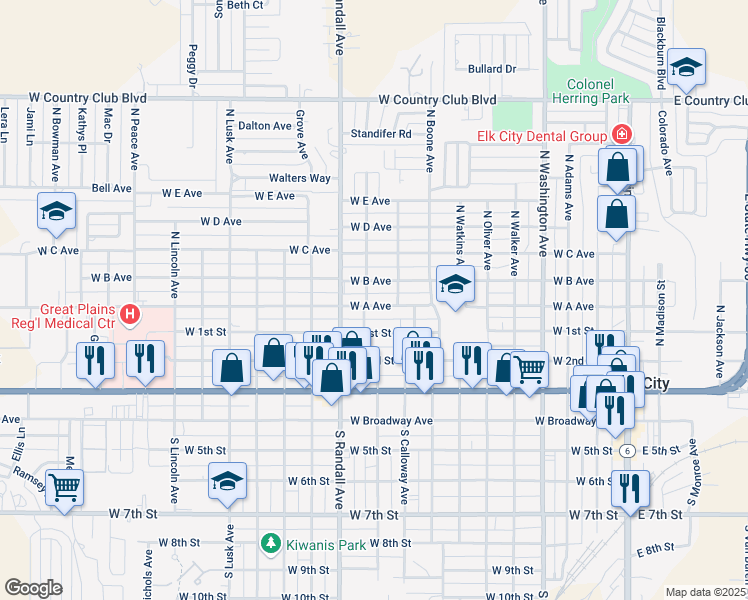 map of restaurants, bars, coffee shops, grocery stores, and more near 919 West A Avenue in Elk City