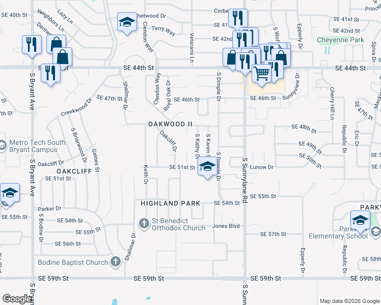 map of restaurants, bars, coffee shops, grocery stores, and more near 5008 Oak Manor Drive in Oklahoma City