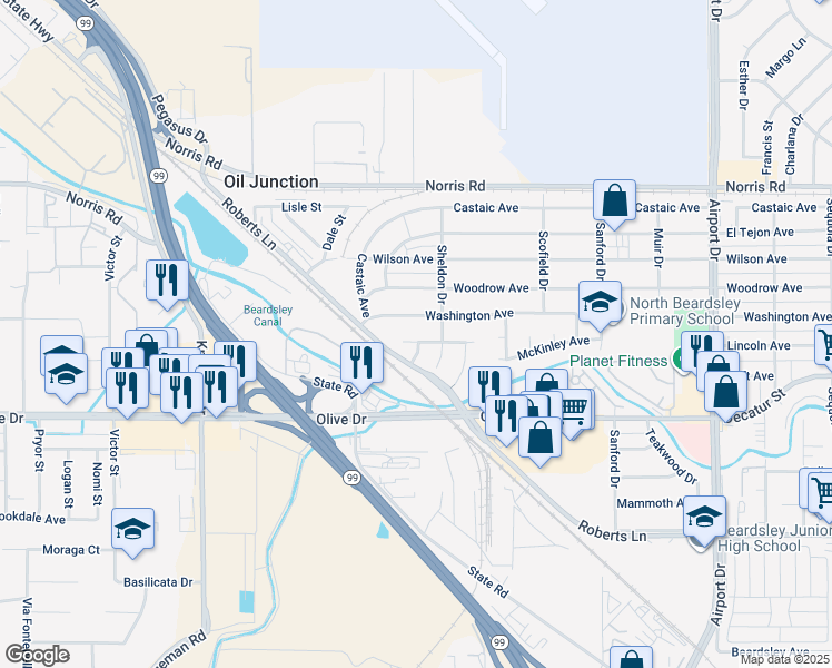 map of restaurants, bars, coffee shops, grocery stores, and more near 1316 Arthur Avenue in Bakersfield